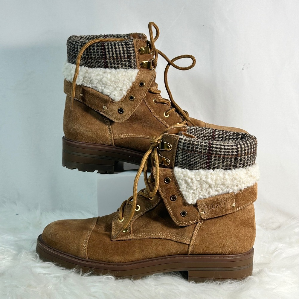 Tommy Hilfiger Women's Tan Suede Shearling Plaid Lined Lace Up Combat Boots 7M